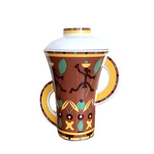 Kahla Germany Porcelain Coffee Tea Mug Tall Cup with Lid Africa Theme Dancers